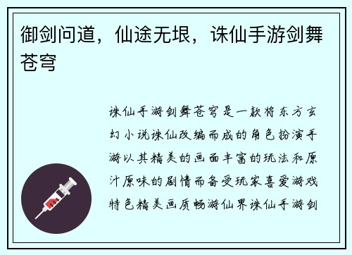 御剑问道，仙途无垠，诛仙手游剑舞苍穹