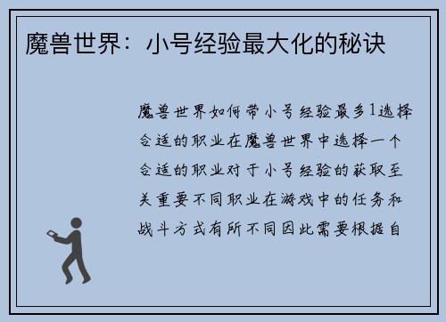 魔兽世界：小号经验最大化的秘诀