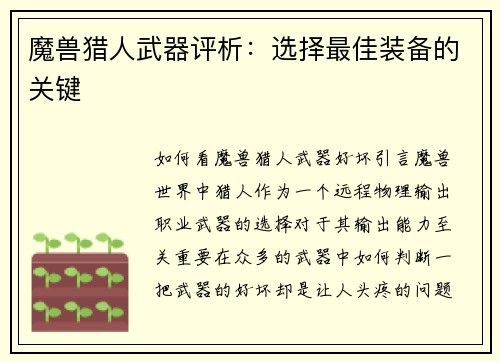 魔兽猎人武器评析：选择最佳装备的关键